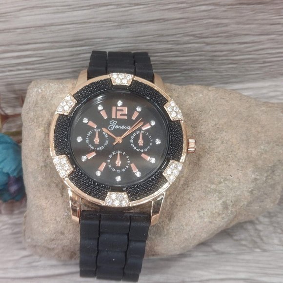 Unisex Bracelet Watch Black Gold Tone Soft Flexible Silicone Band Wristwatch - Picture 9 of 14